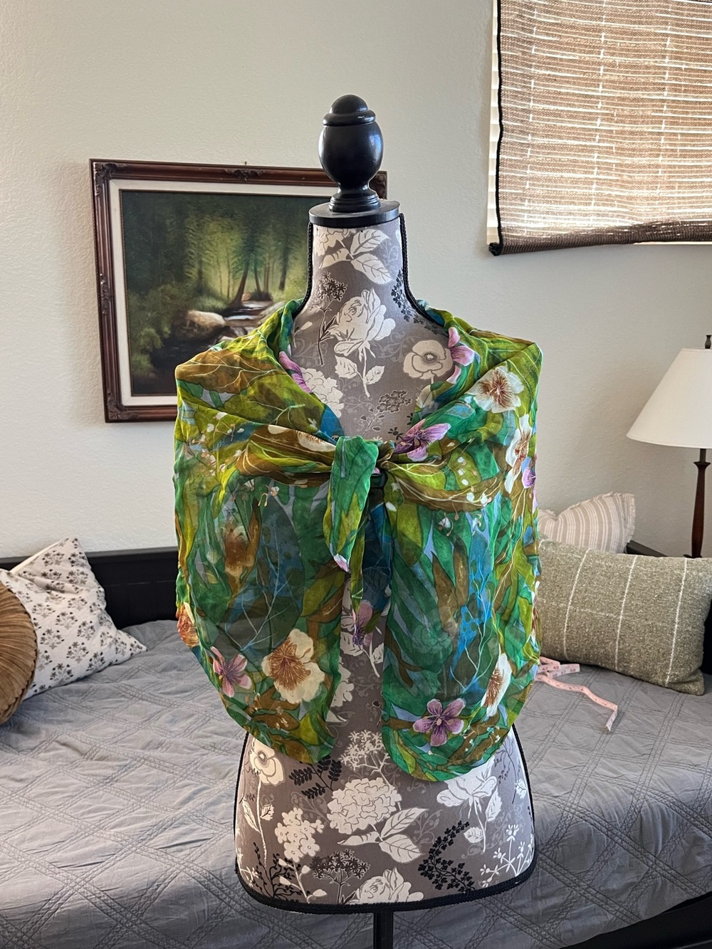 Green Floral Sheer Wrap - Lightweight Botanical Scarf Vest